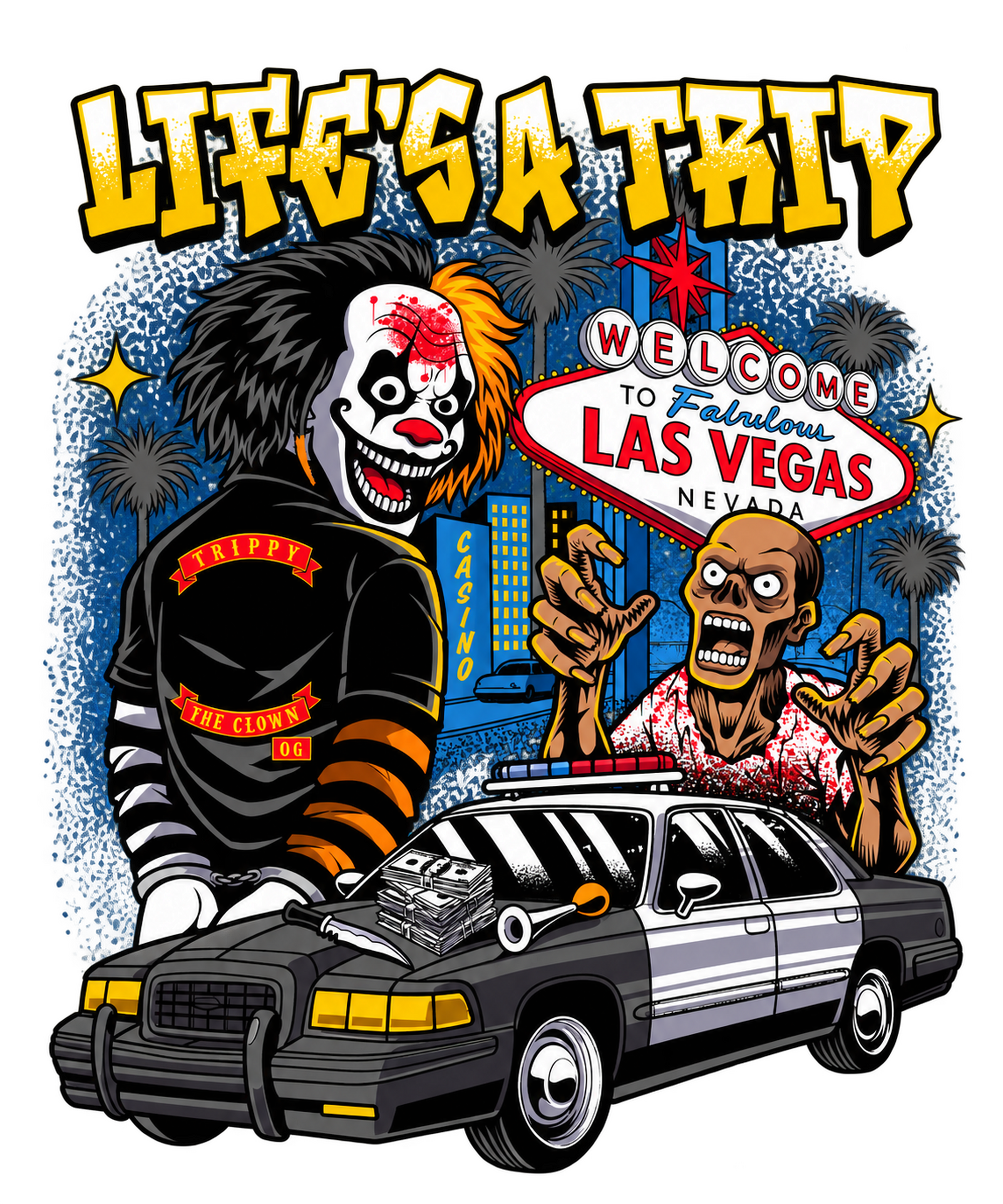 Original Lifeโs a Trip artwork featuring Trip the clown in Las Vegas
